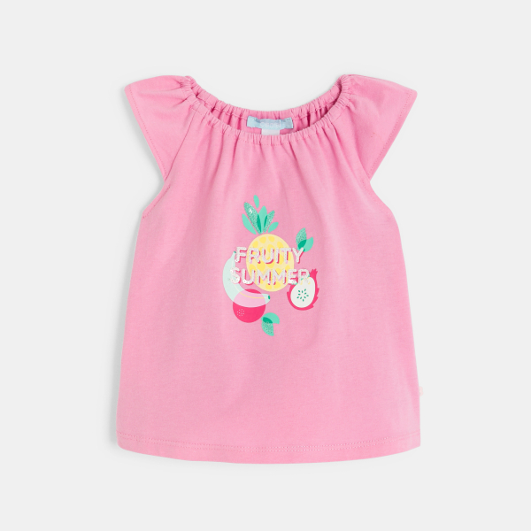 تيشيرت بياقة مطاطية مطبوع عليه صورة فاكهة وشورت مخطط باللون الوردي للفتاة الرضيعة 